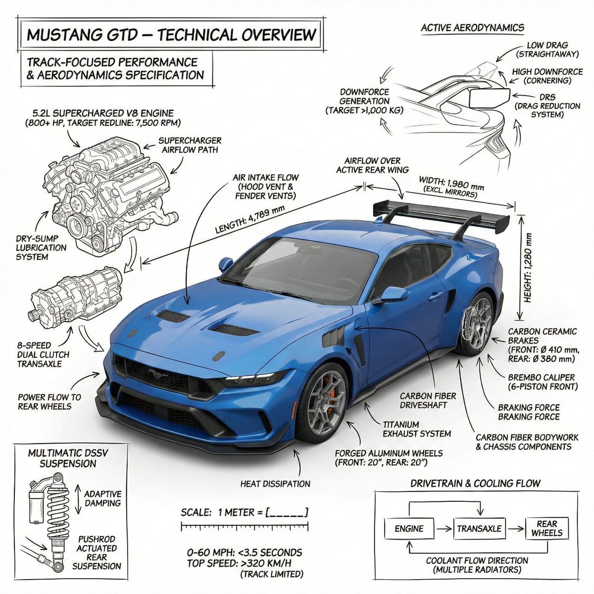 Infographic image of Mustang GTD with technical annotations AI image template preview