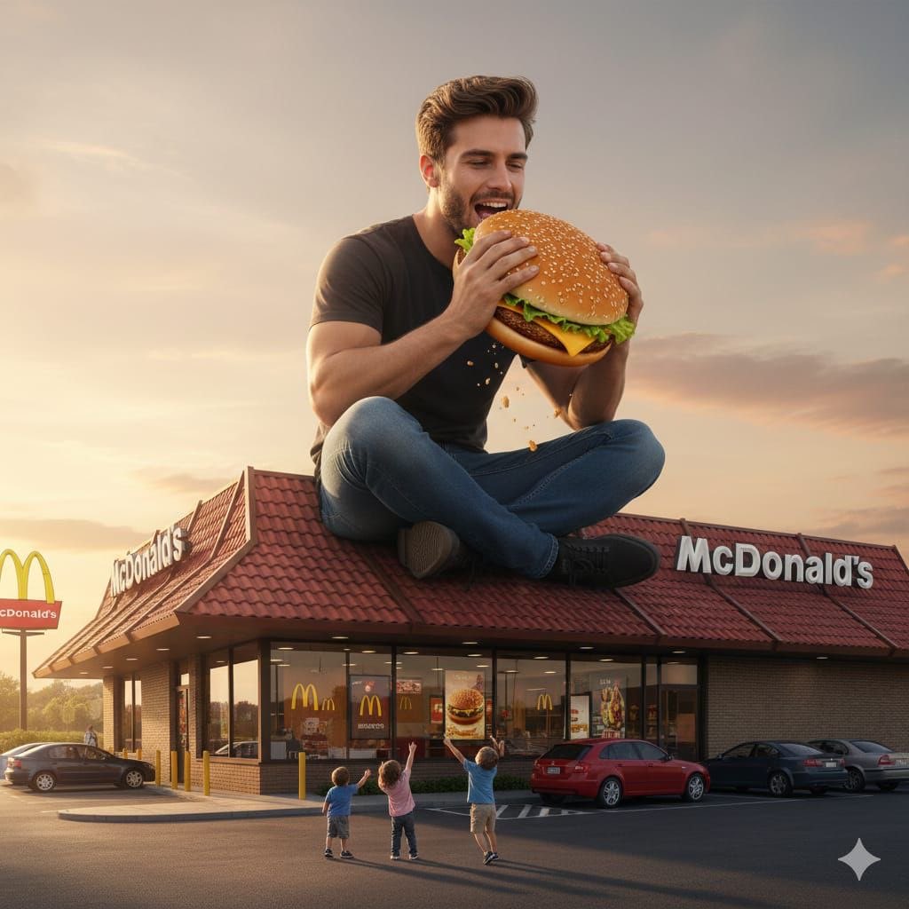 Surreal advertising scene of a giant man eating a cheeseburger AI image template preview