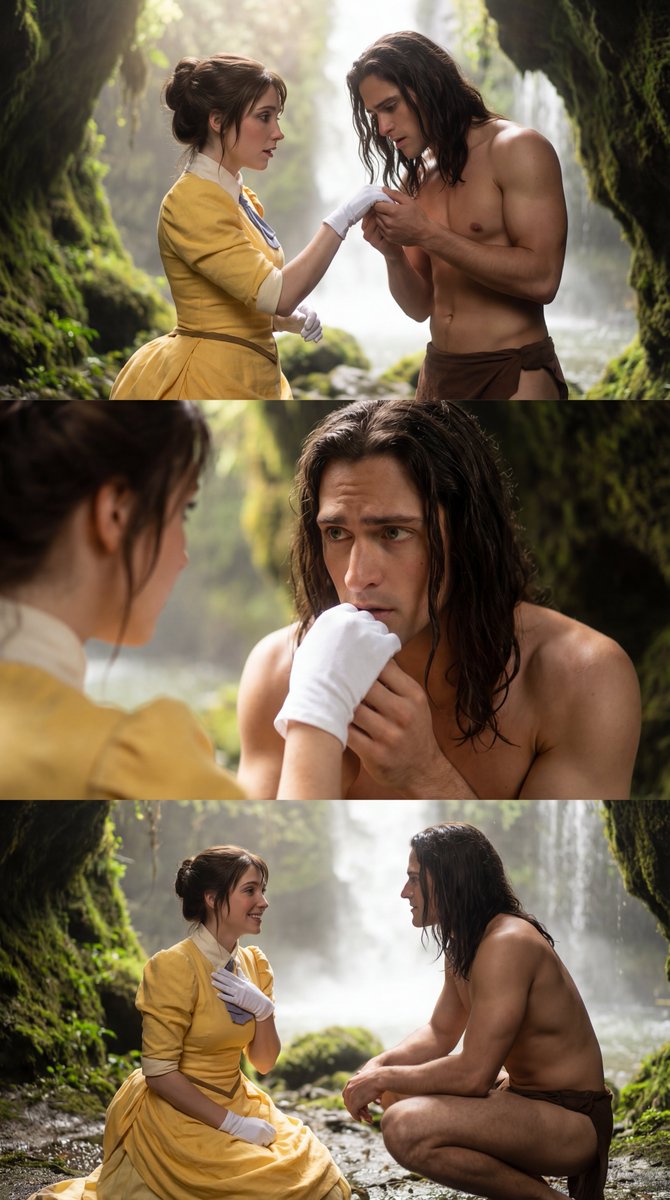 Tarzan and Jane Cosplay Waterfall Triptych Prompt AI image template preview