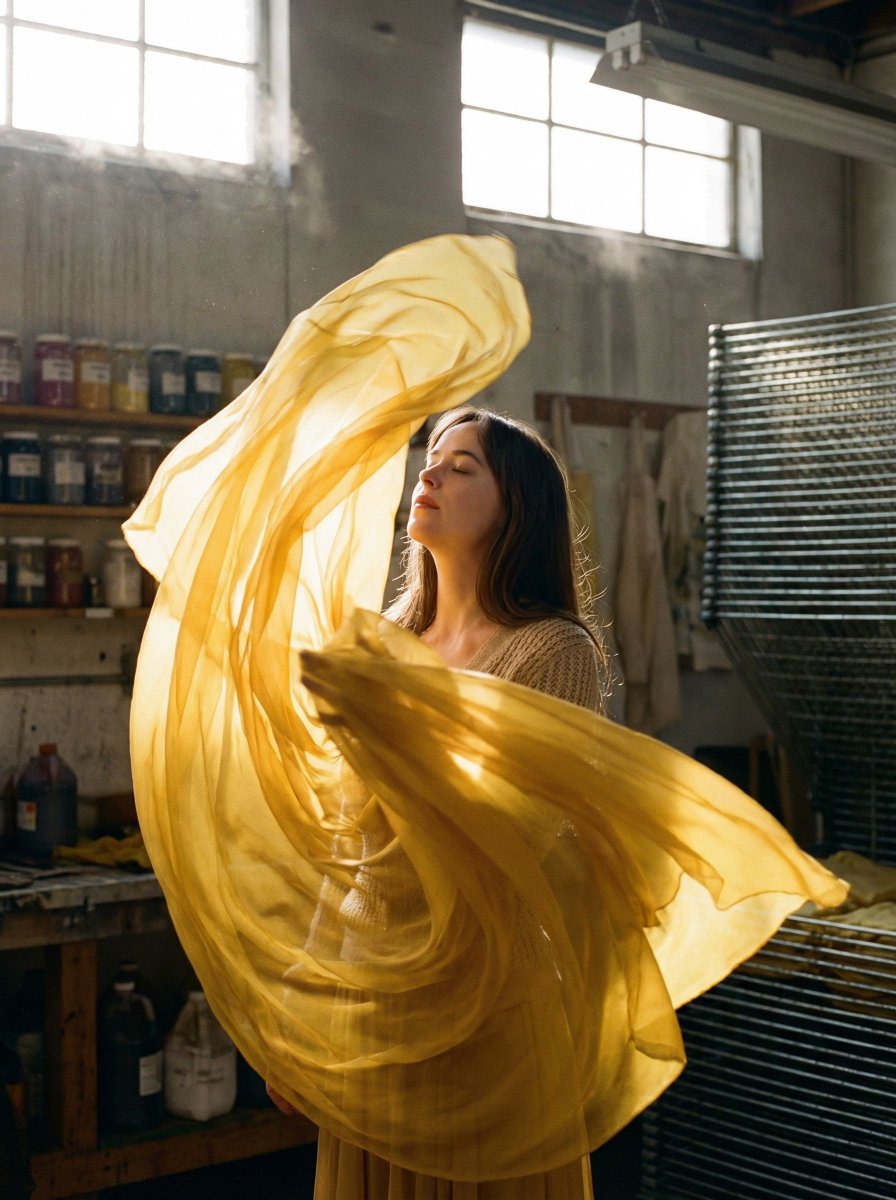Surreal Fashion Portrait in a Textile Dye Workshop AI image template preview