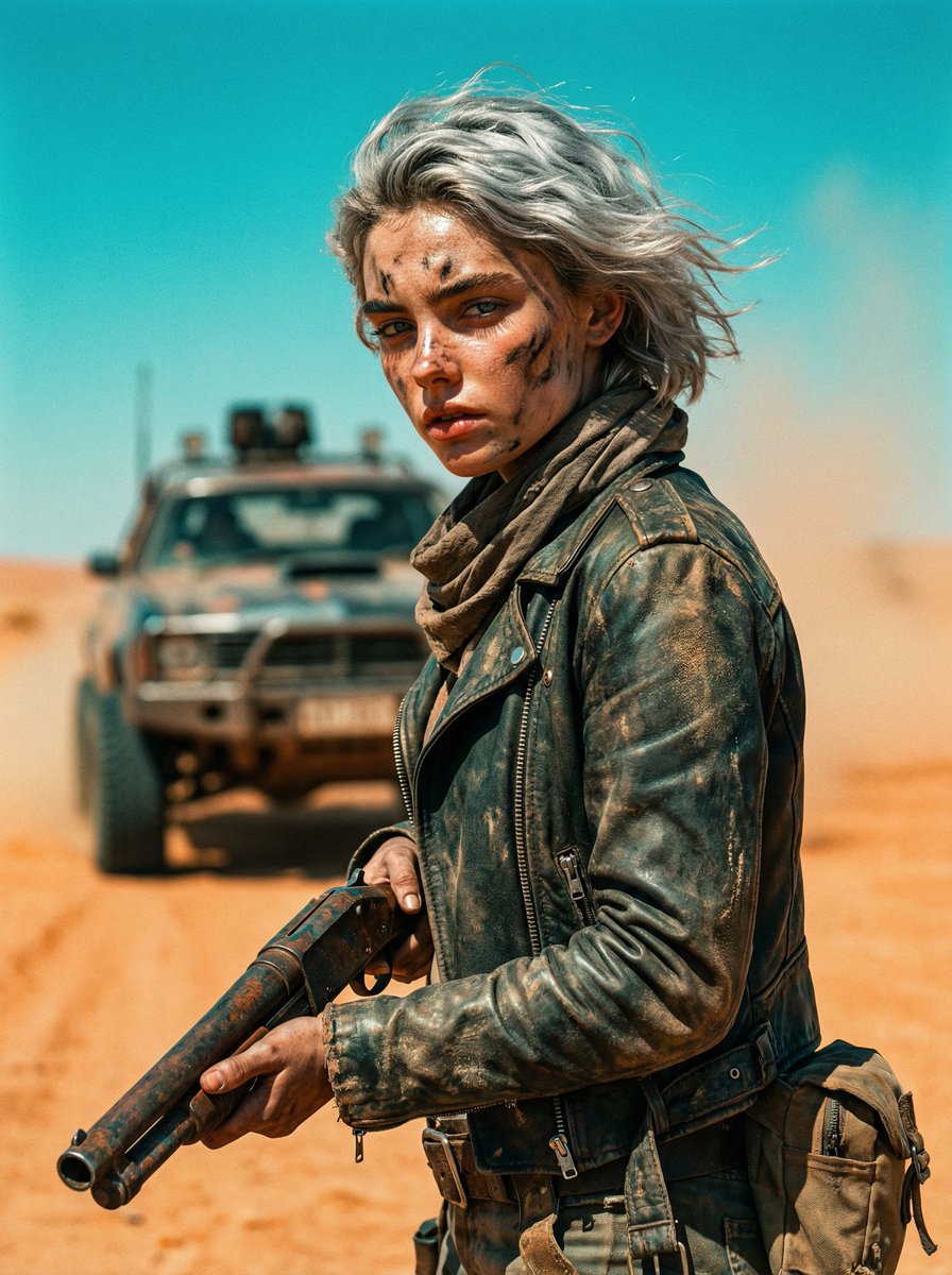 Cinematic Wasteland Survivor Portrait (Mad Max Style) AI image template preview