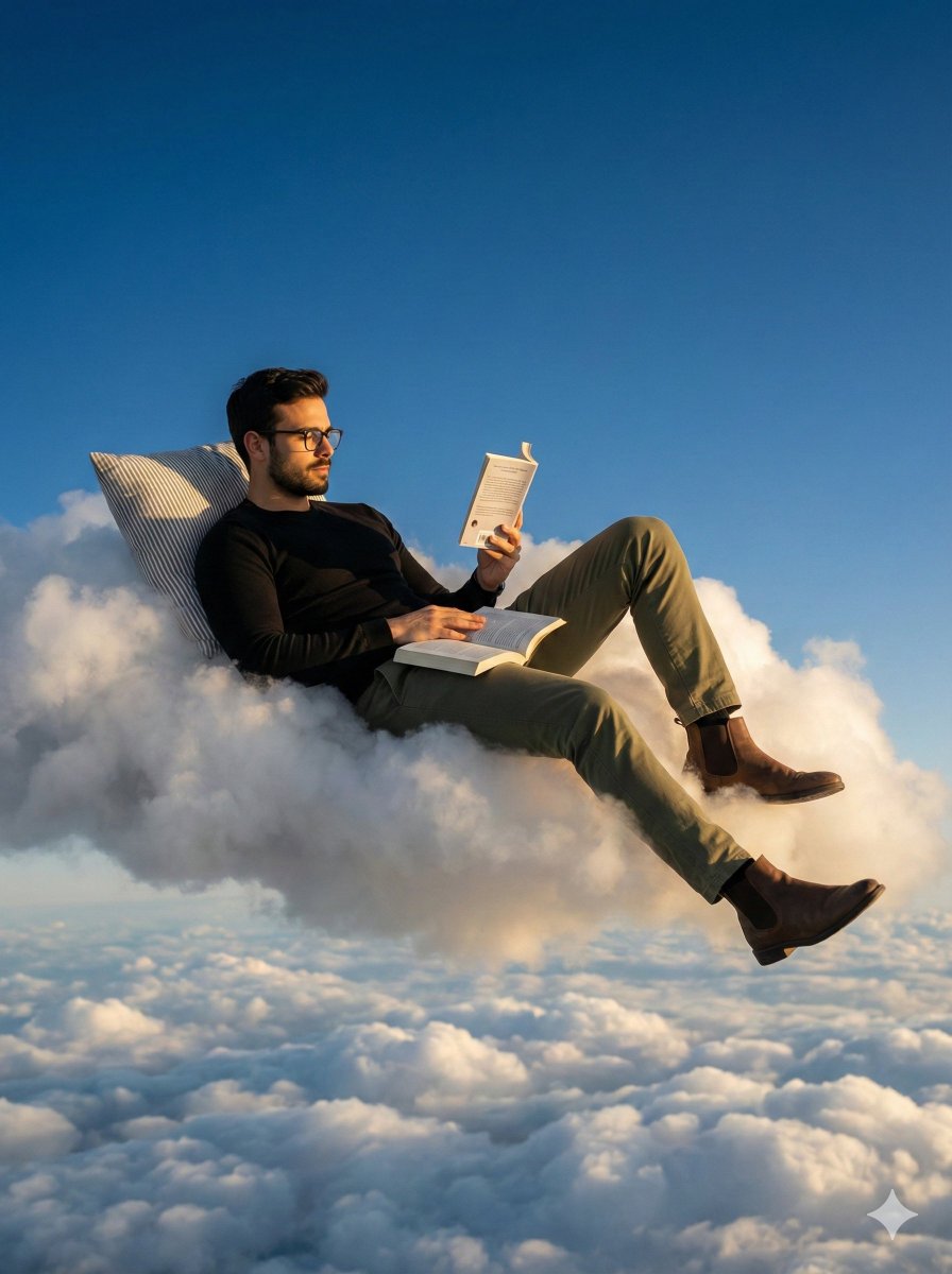 Photorealistic Surreal Scene of a Man Reclining on a Floating Cloud AI image template preview