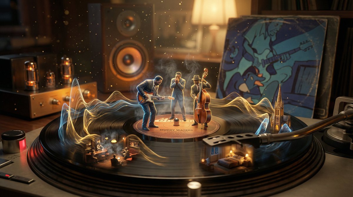 Surreal Vinyl Record Mid-Play Visualization AI image template preview