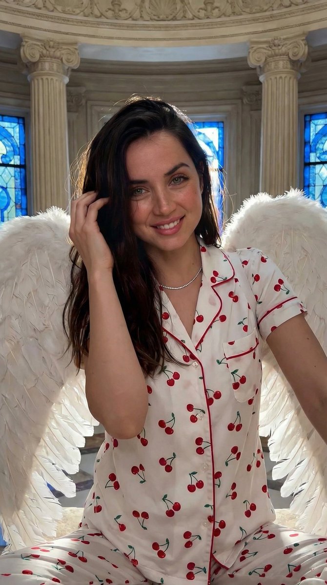 Strawberry Angel Low-Angle Portrait AI image template preview