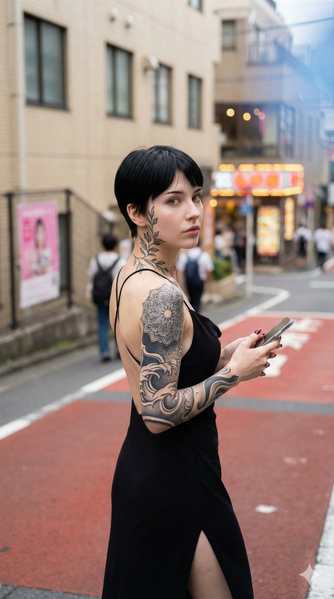 Photorealistic Snapshot of a Woman with Tattoos in a Japanese Urban Setting AI image template preview