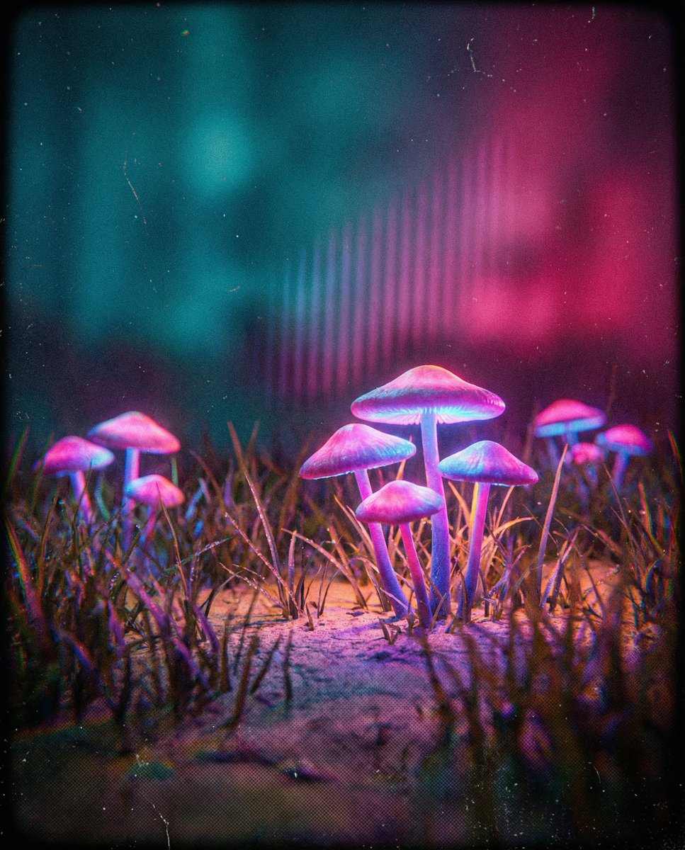 Bioluminescent Mushroom Cluster in Retro Sci-Fi Style AI image template preview