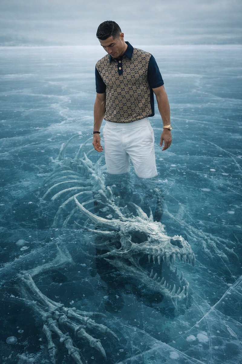 8K Ultra-Realistic Promotional Image of a Man on Ice with a Submerged Skeleton AI image template preview
