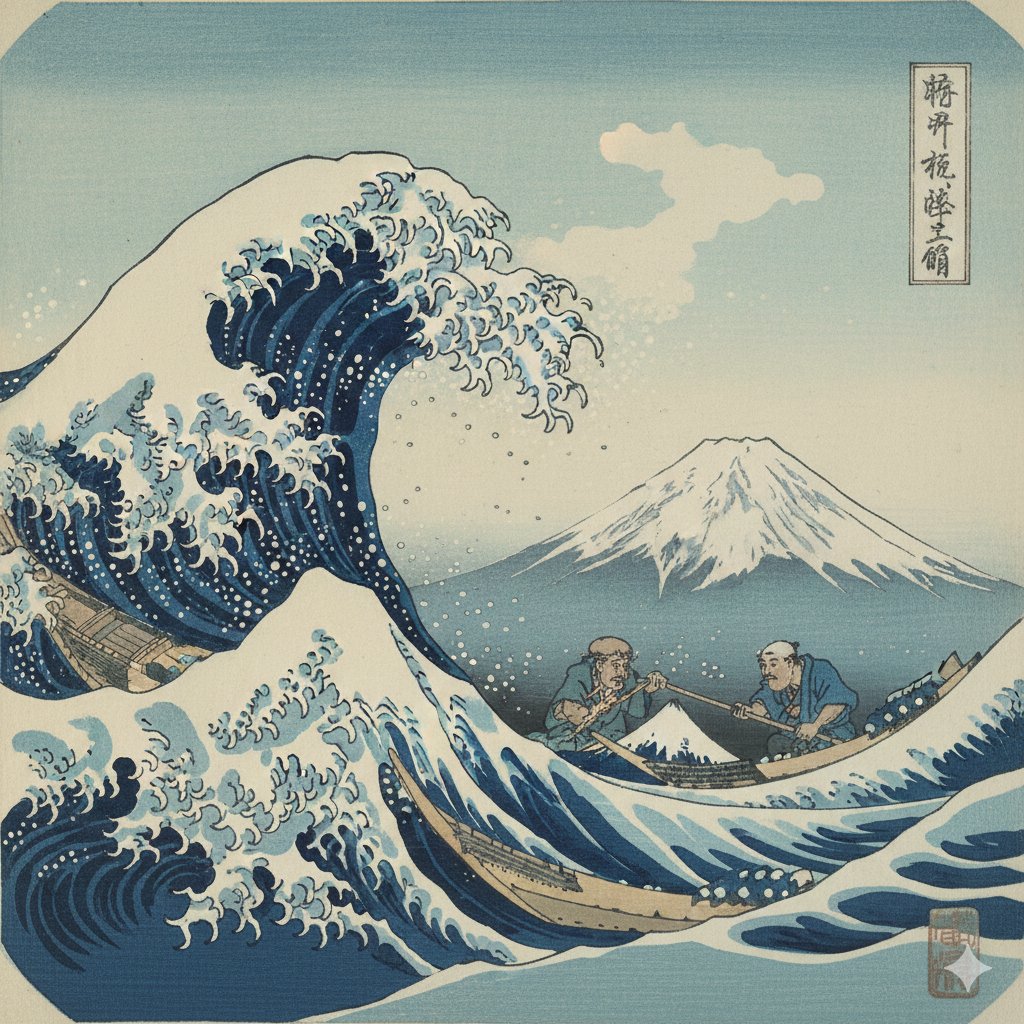 Hokusai Style Woodblock Print Generation AI image template preview