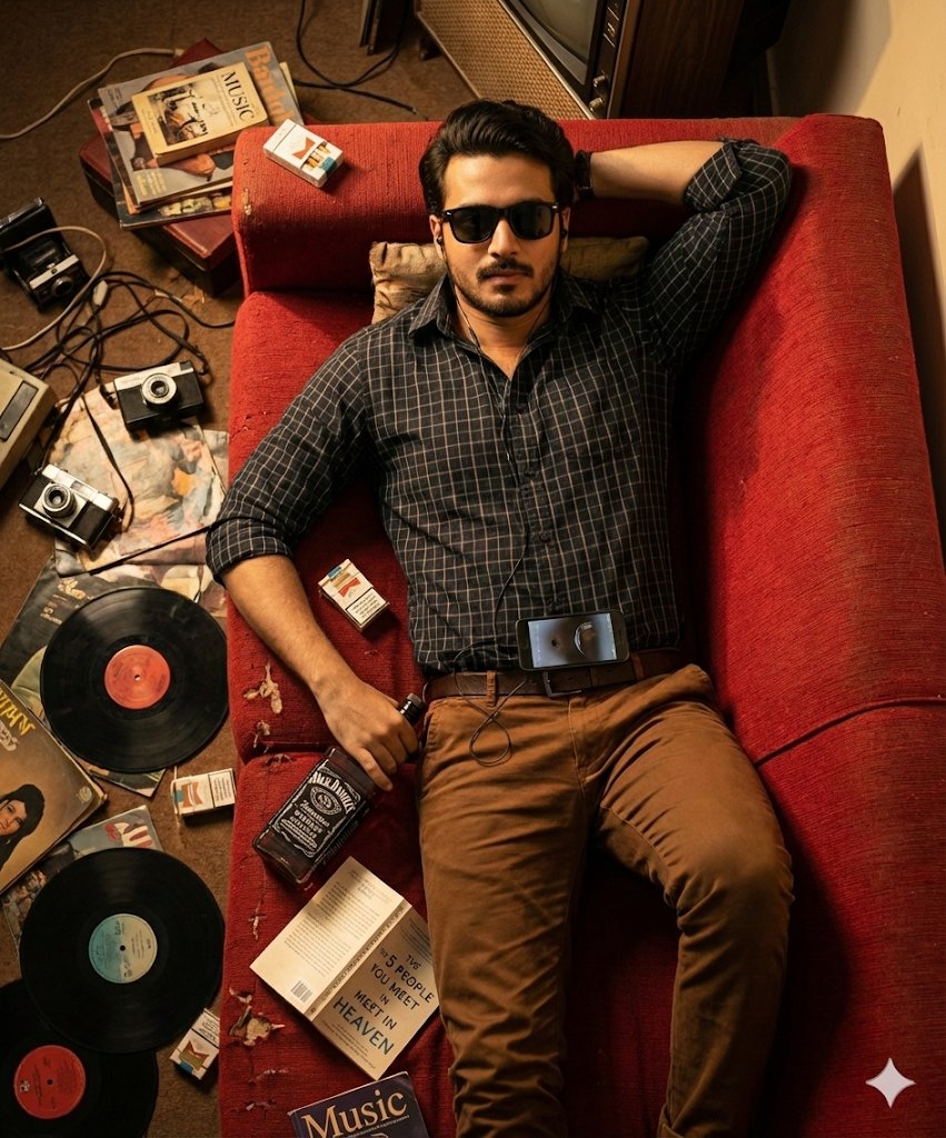 Cinematic Overhead Portrait of a Man on a Red Couch AI image template preview