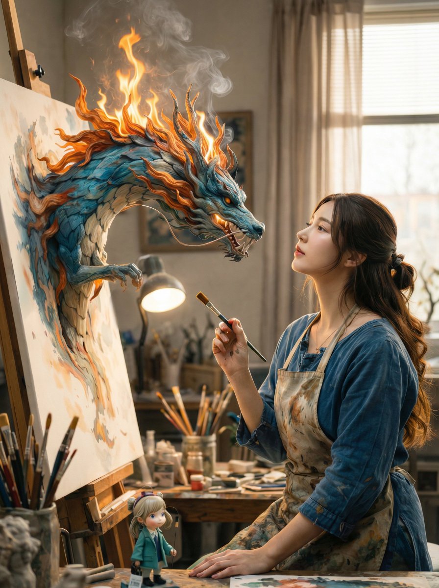 Magical Realism: Dragon Emerging from Canvas AI image template preview