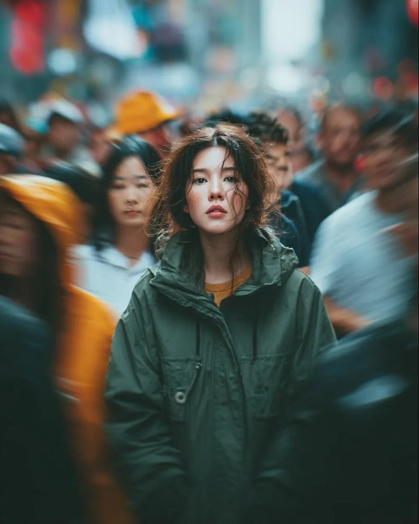 Candid Paparazzi Street Portrait with Motion Blur AI image template preview