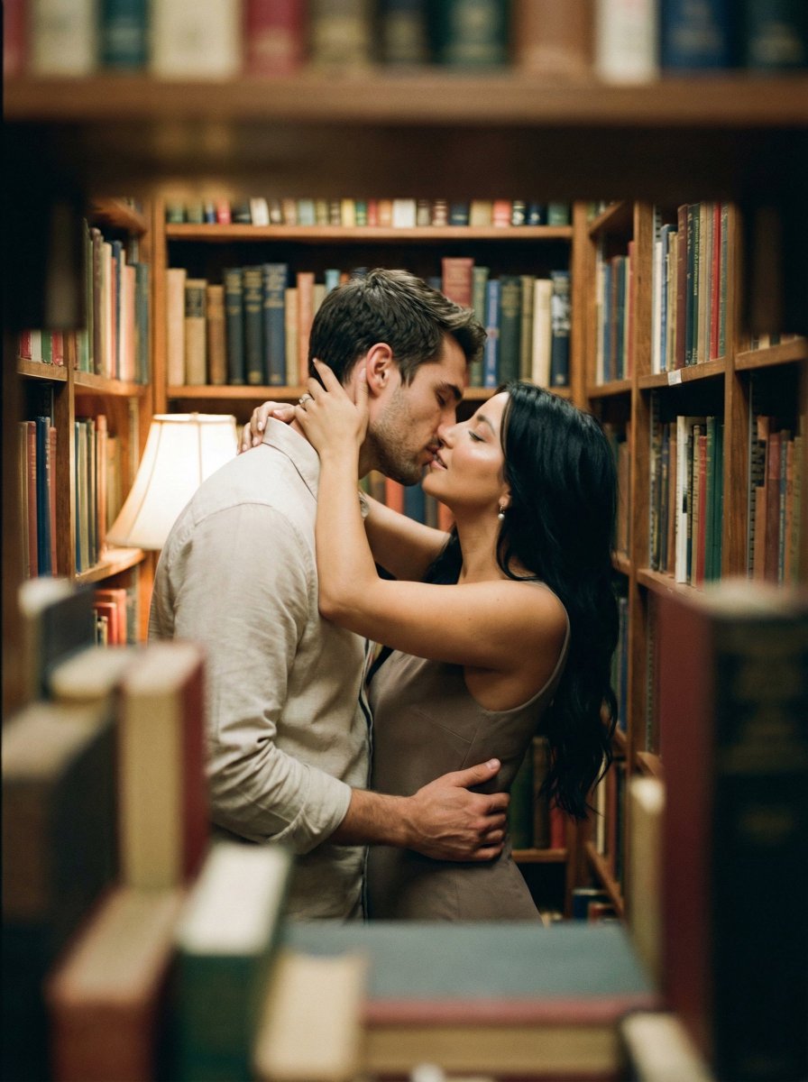 Analog Film Kiss in a Bookstore Aisle AI image template preview