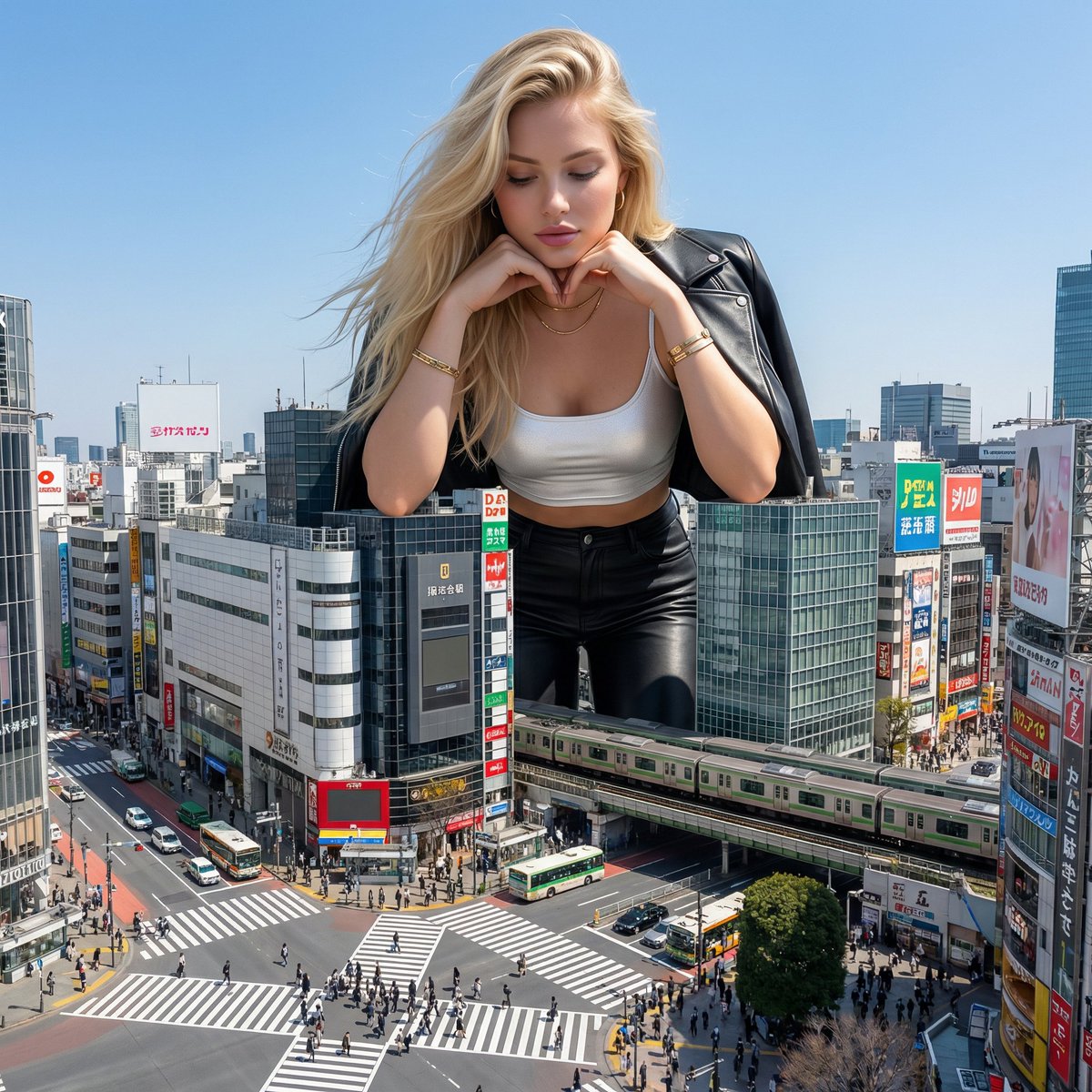 Surreal Giant Woman Over Tokyo Shibuya Crossing AI image template preview