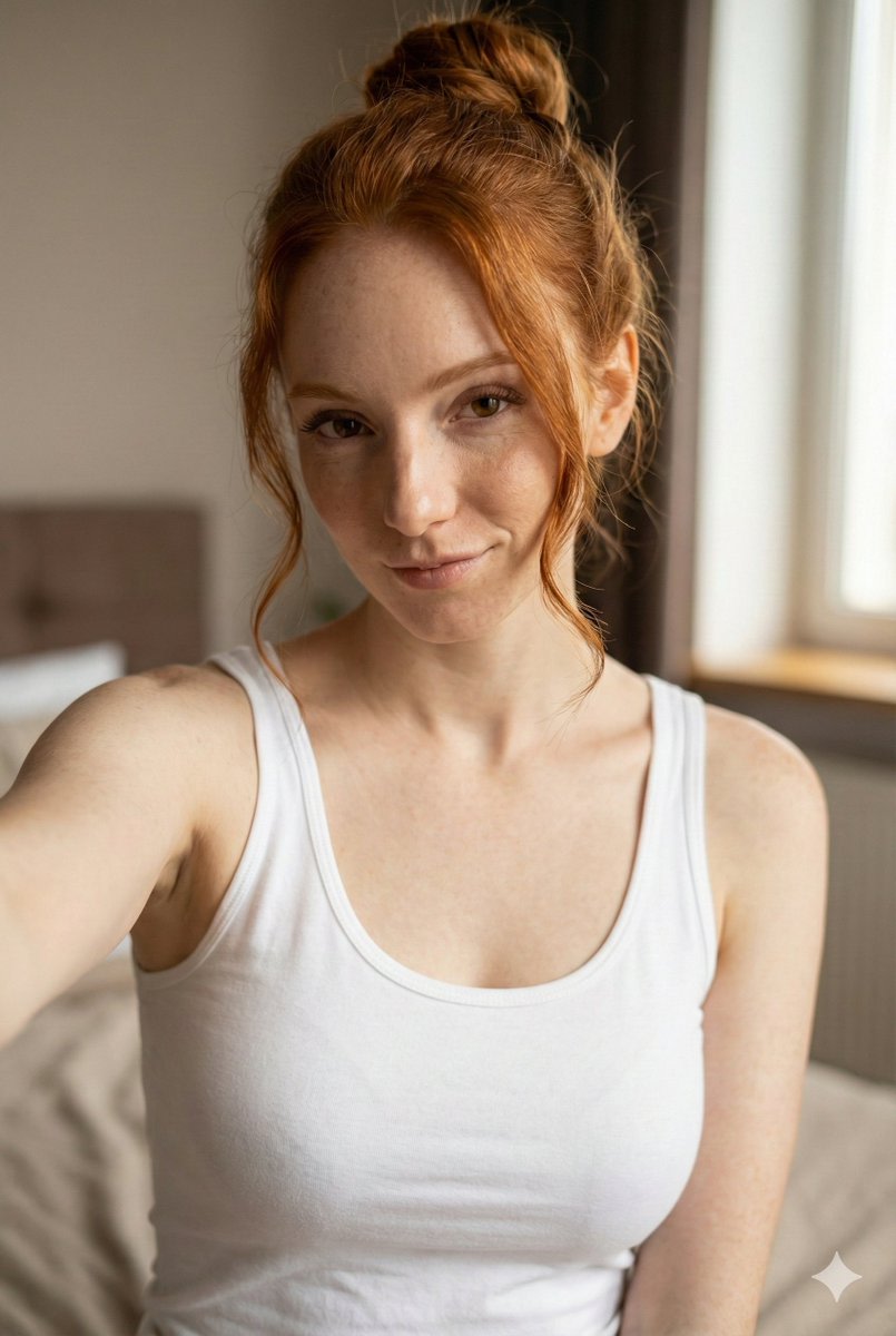 JSON Prompt for Flirty Morning Selfie Portrait AI image template preview