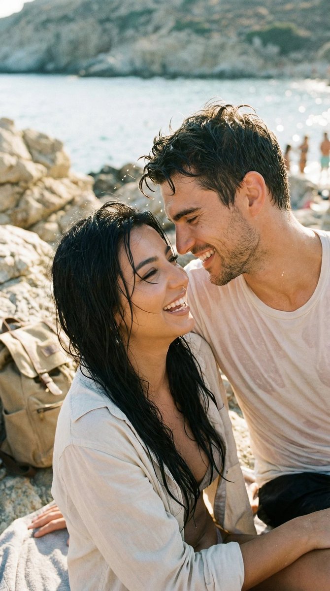 Photorealistic Candid Travel Romance Film Still AI image template preview