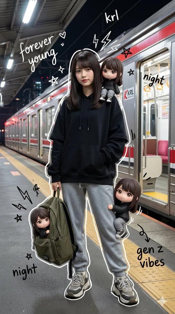 Mixed Media Portrait of Gen Z Teenager with Chibi Companions AI image template preview