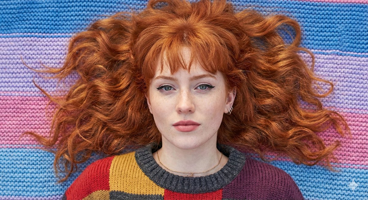 Flat Lay Portrait of a Ginger Woman on a Rainbow Blanket AI image template preview