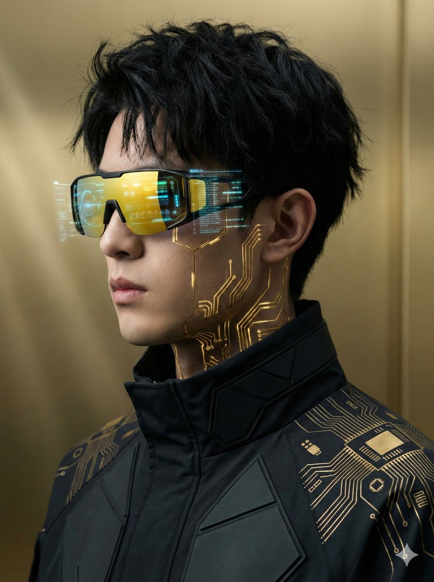 Futuristic Cyberpunk Portrait with Golden Circuitry AI image template preview