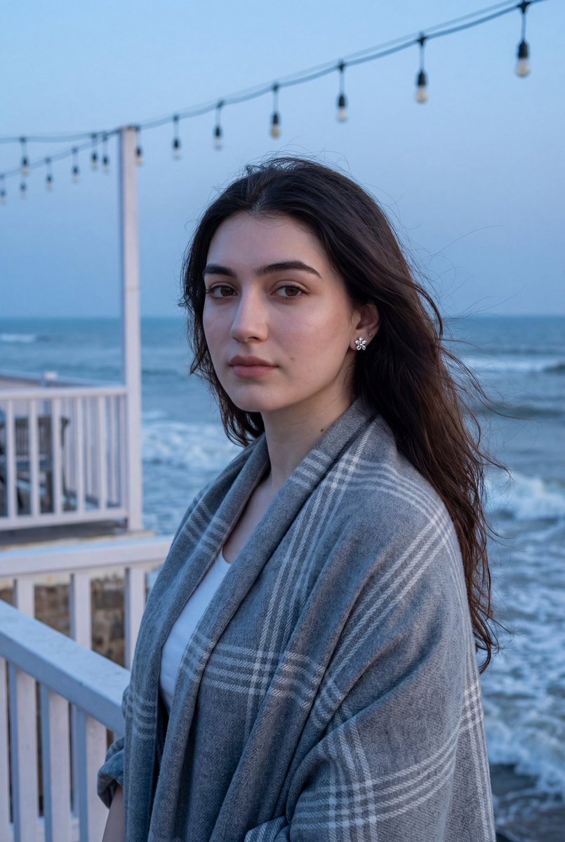 Photorealistic Portrait of a Woman on a Seaside Terrace at Blue Hour AI image template preview