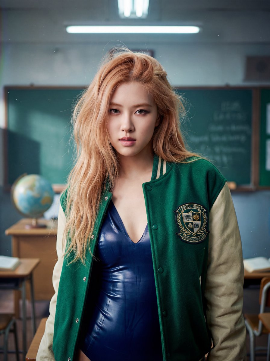 Cinematic Portrait of Rosé (BLACKPINK) in Retro High School Setting AI image template preview