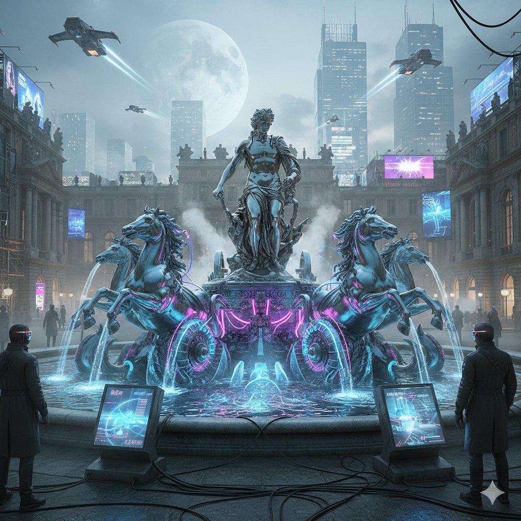 Cyberpunk Apollo's Fountain Generation AI image template preview