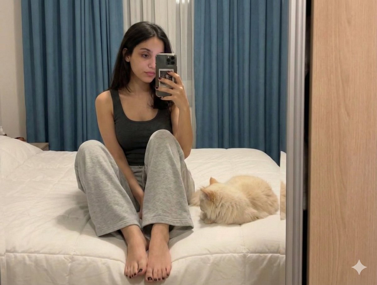 Nano Banana Pro Prompt: Candid Mirror Selfie with Cat AI image template preview