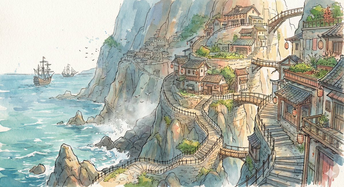 Watercolor Cliffside Village Illustration AI image template preview