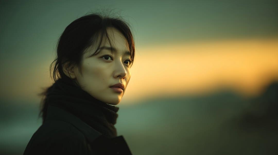 Cinematic Sunset Portrait of East Asian Woman AI image template preview
