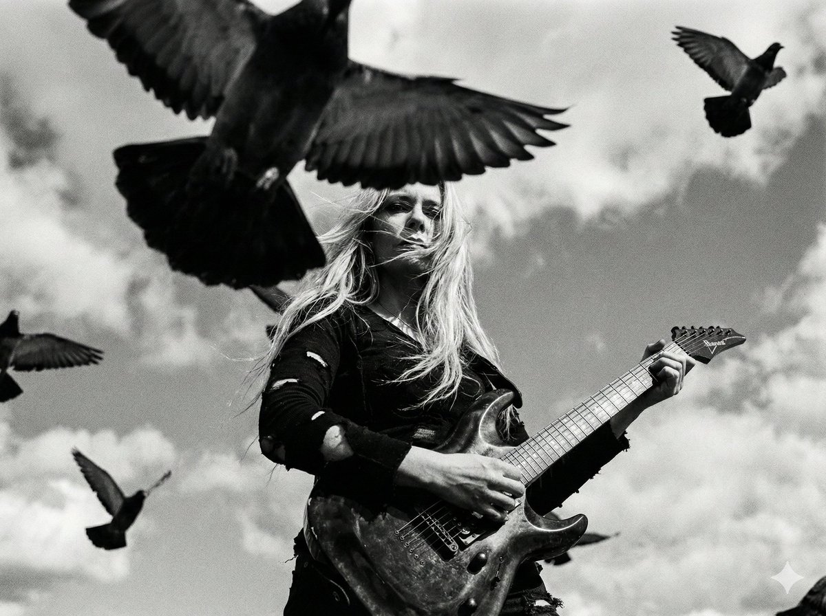 Cinematic Black and White Photo of Woman with Guitar and Pigeons AI image template preview