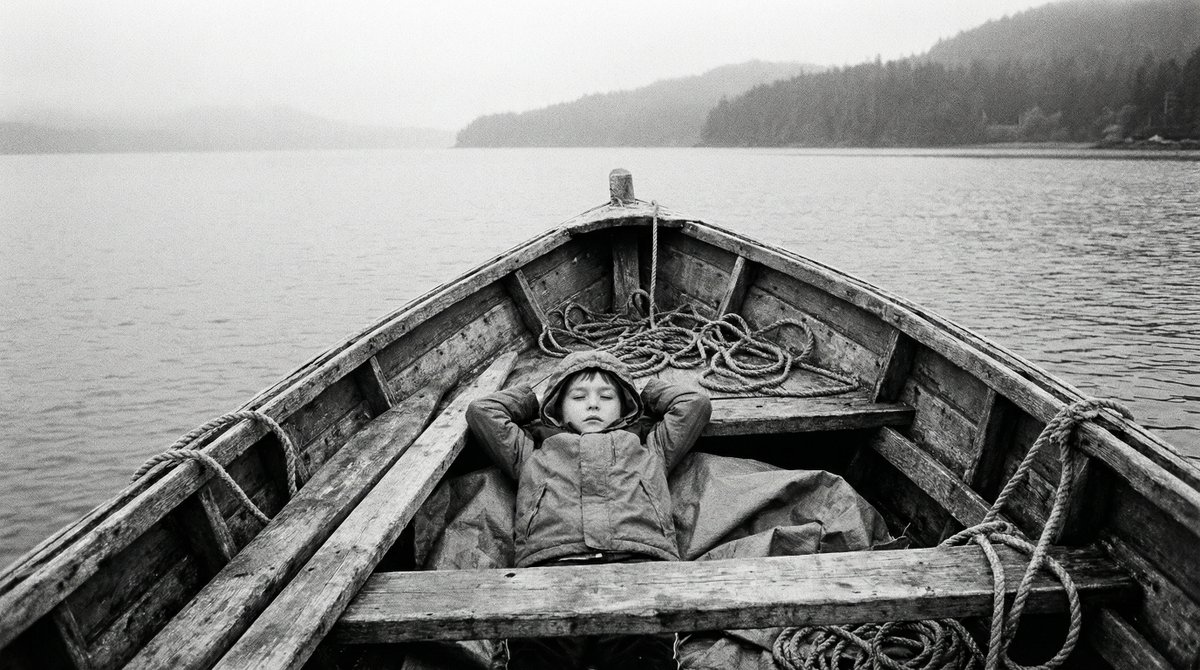 Black and White Documentary Photo of Child in Boat AI image template preview