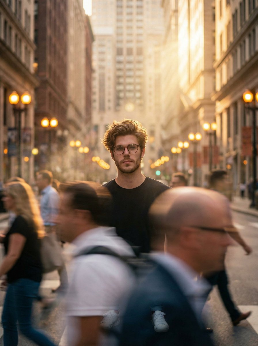 Cinematic Portrait in a Busy City Street AI image template preview
