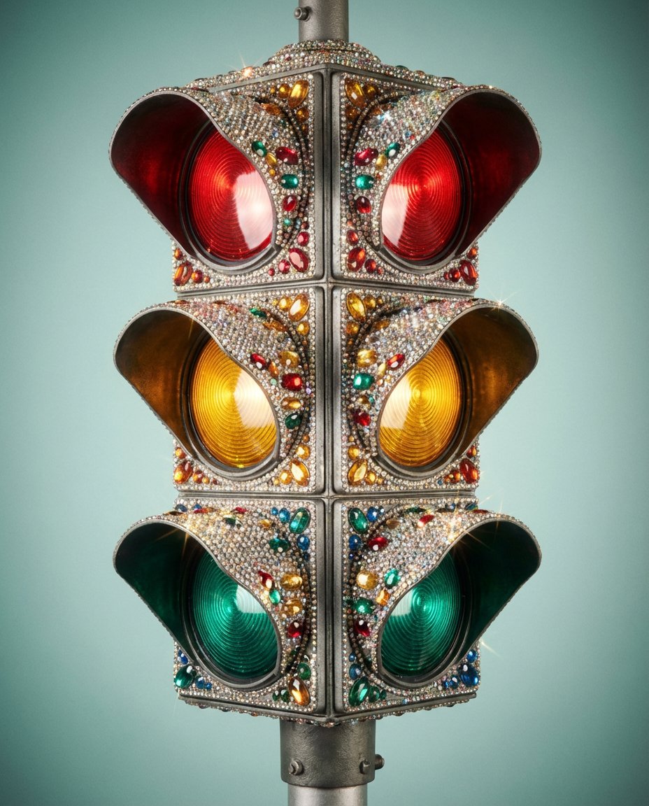 Rhinestone Encrusted Vintage Traffic Light Close-Up AI image template preview