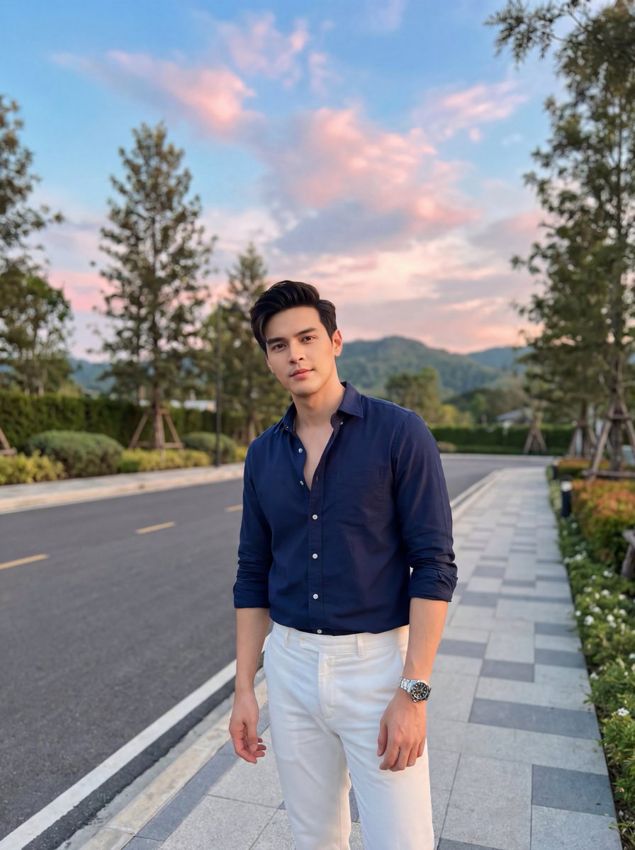 Stylish Man on Sidewalk at Sunset AI image template preview