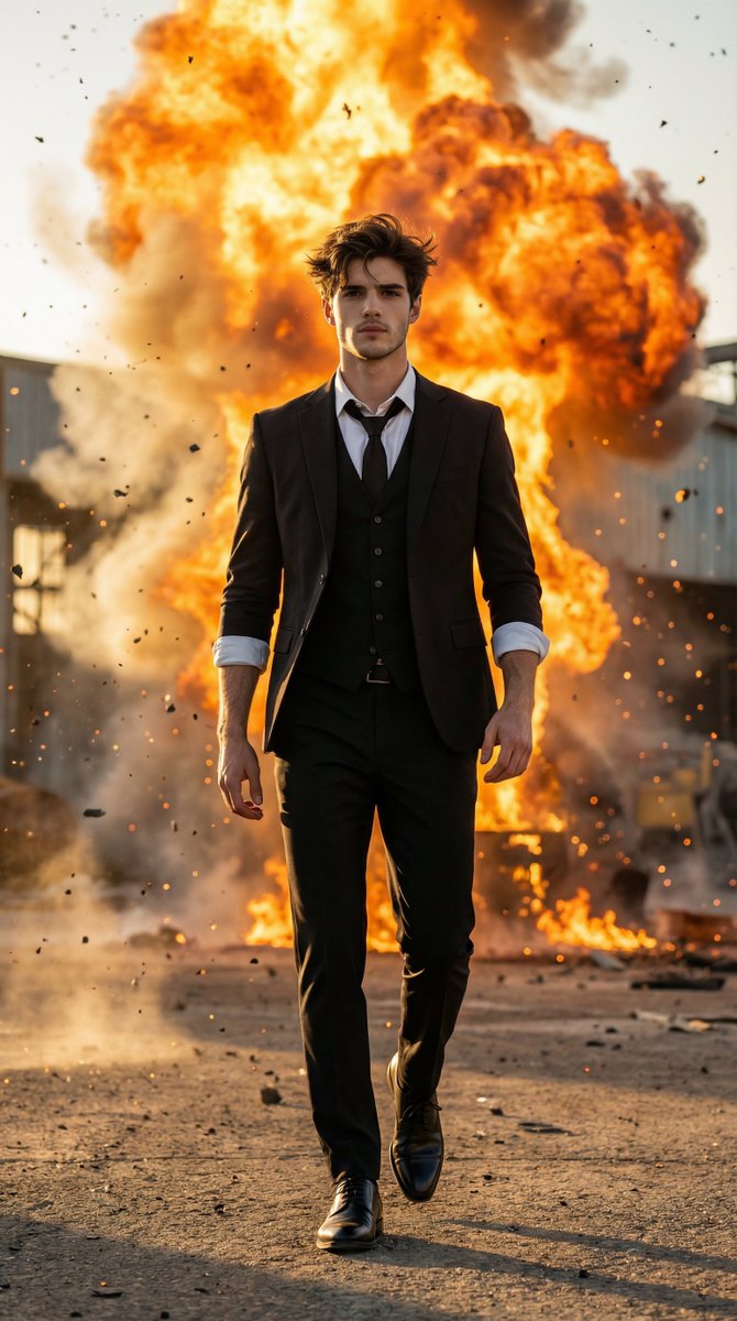 Action Hero Walking Away from Explosion Prompt (Image-to-Image) AI image template preview