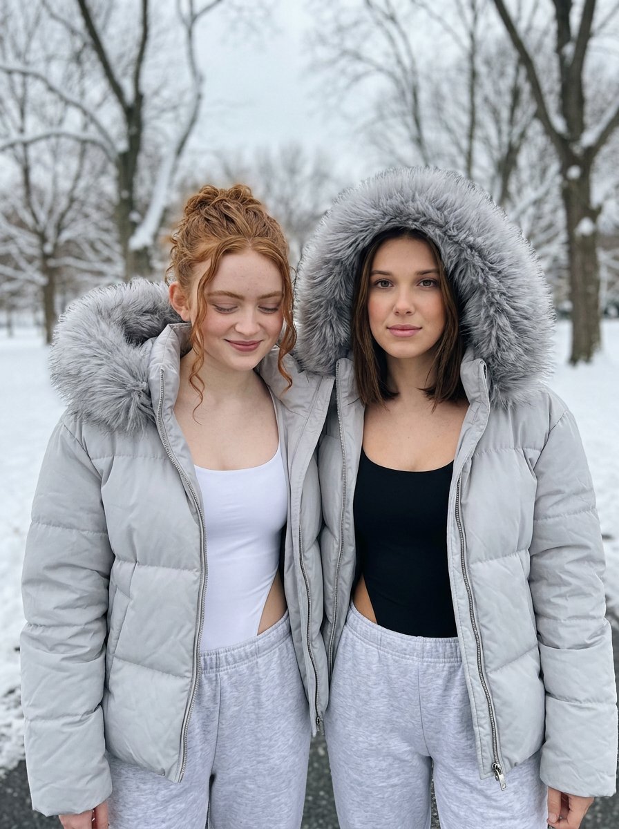 Intimate Winter Street Fashion Portrait Prompt (Sadie Sink & Millie Bobby Brown) AI image template preview
