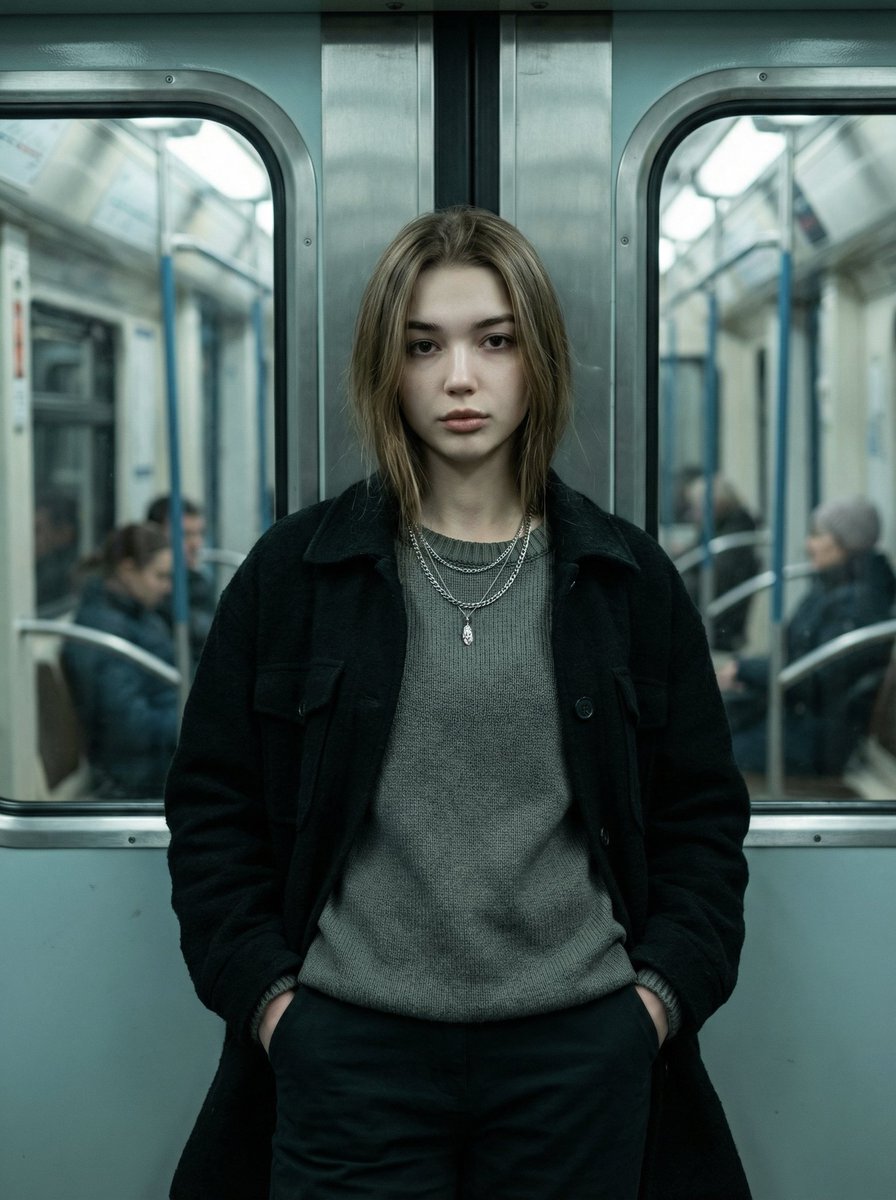 Cinematic Editorial Fashion Portrait in Subway AI image template preview