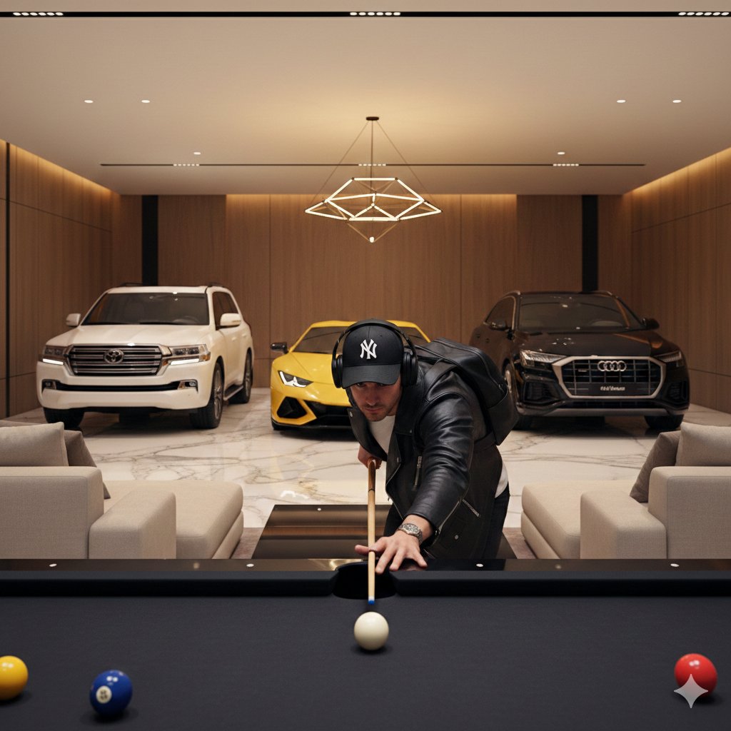 Luxury Lifestyle Billiards Scene with High-End Cars AI image template preview