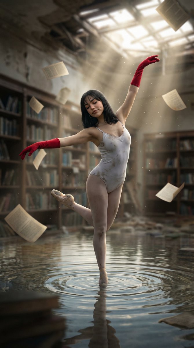 Haunting Ballerina in a Flooded Library (Flow Prompt) AI image template preview