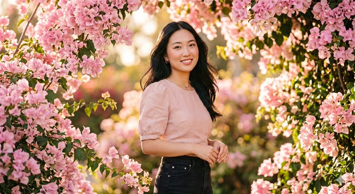 Ethereal 8K Portrait with Bougainvillea Blossoms Prompt AI image template preview