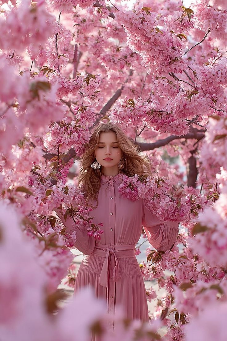 Dreamy Cinematic Portrait under Cherry Blossoms AI image template preview