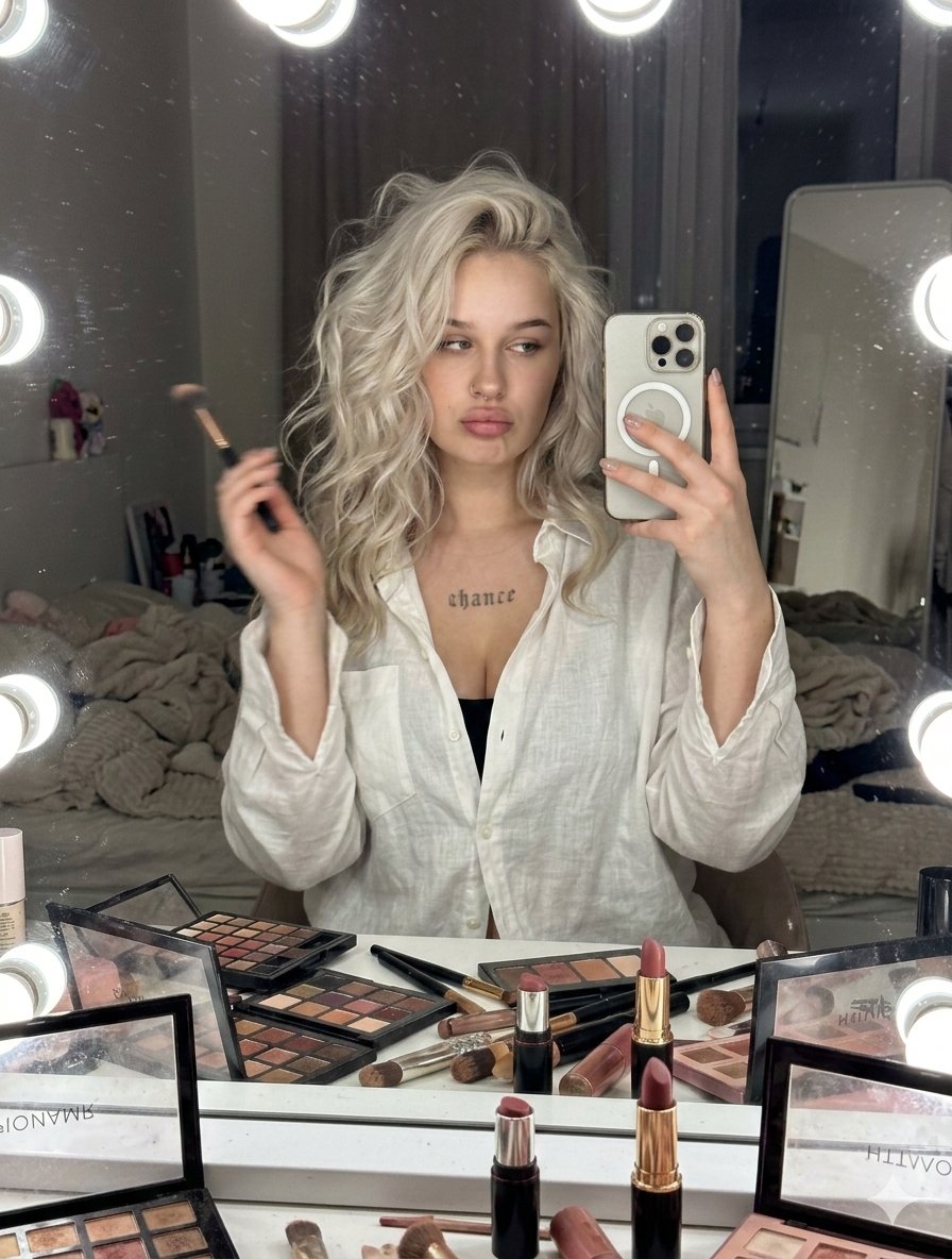 Raw iPhone Candid Vanity Mirror Selfie AI image template preview