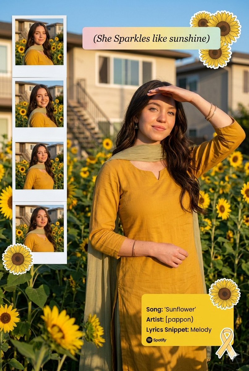 Sunflower Garden Portrait with Instagram Collage Overlay AI image template preview