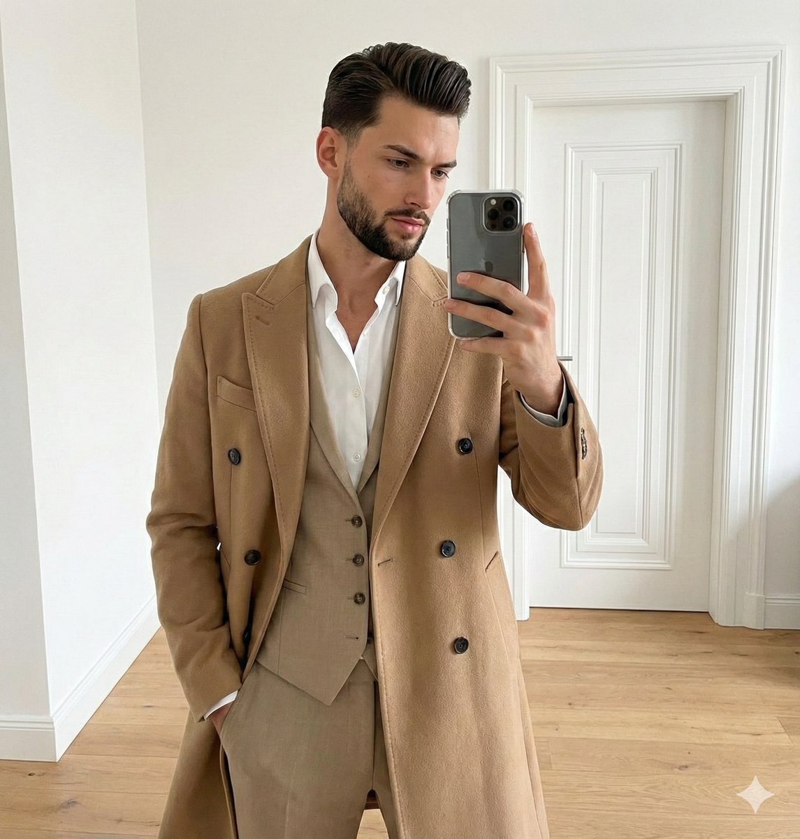 JSON Prompt for Neutral Fashion Mirror Selfie AI image template preview