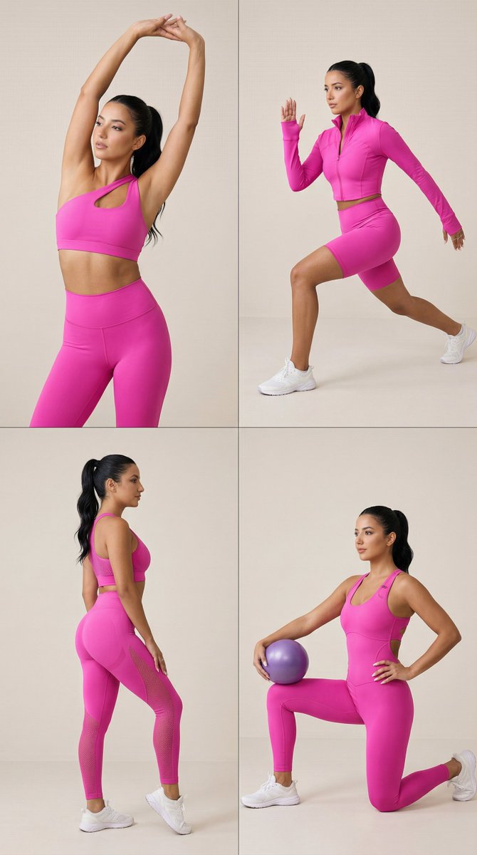 Nano Banana Pro Fitness Editorial Grid Prompt (Pink Activewear) AI image template preview