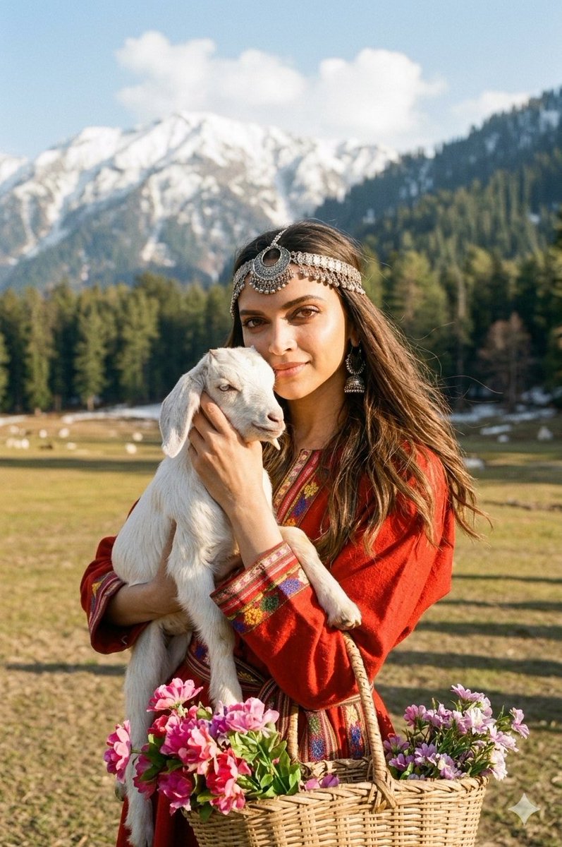 Cinematic Portrait of Kashmiri Woman with Baby Goat AI image template preview