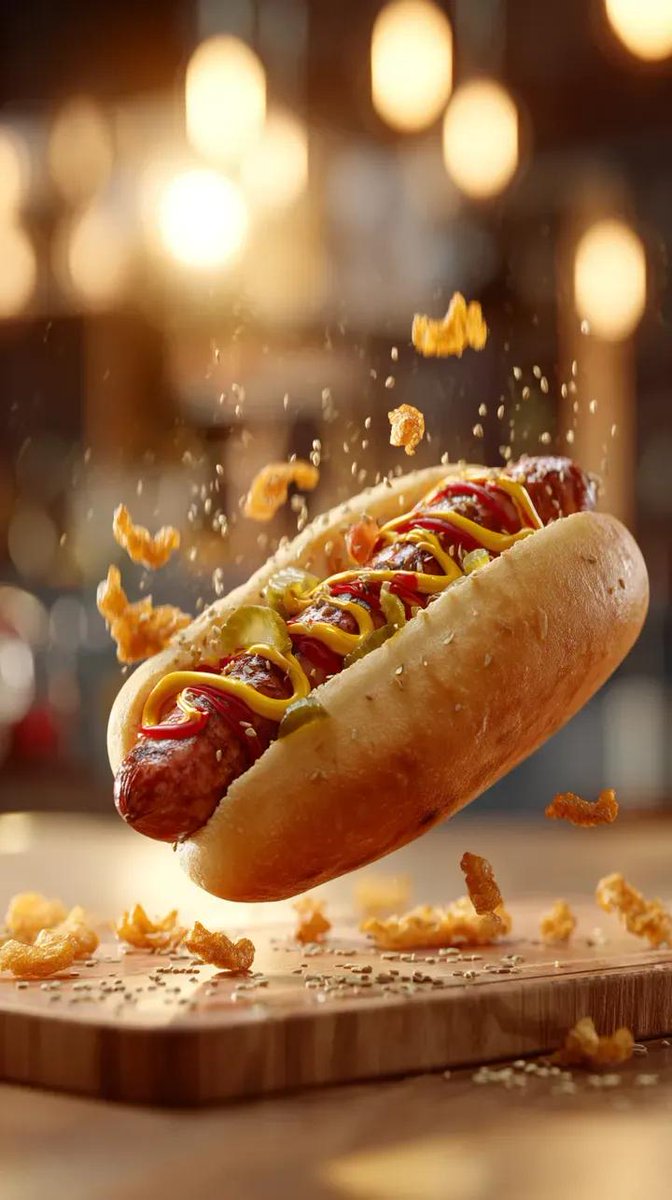 Gourmet Hotdog Mid-Air Drop Cinematic Shot AI image template preview