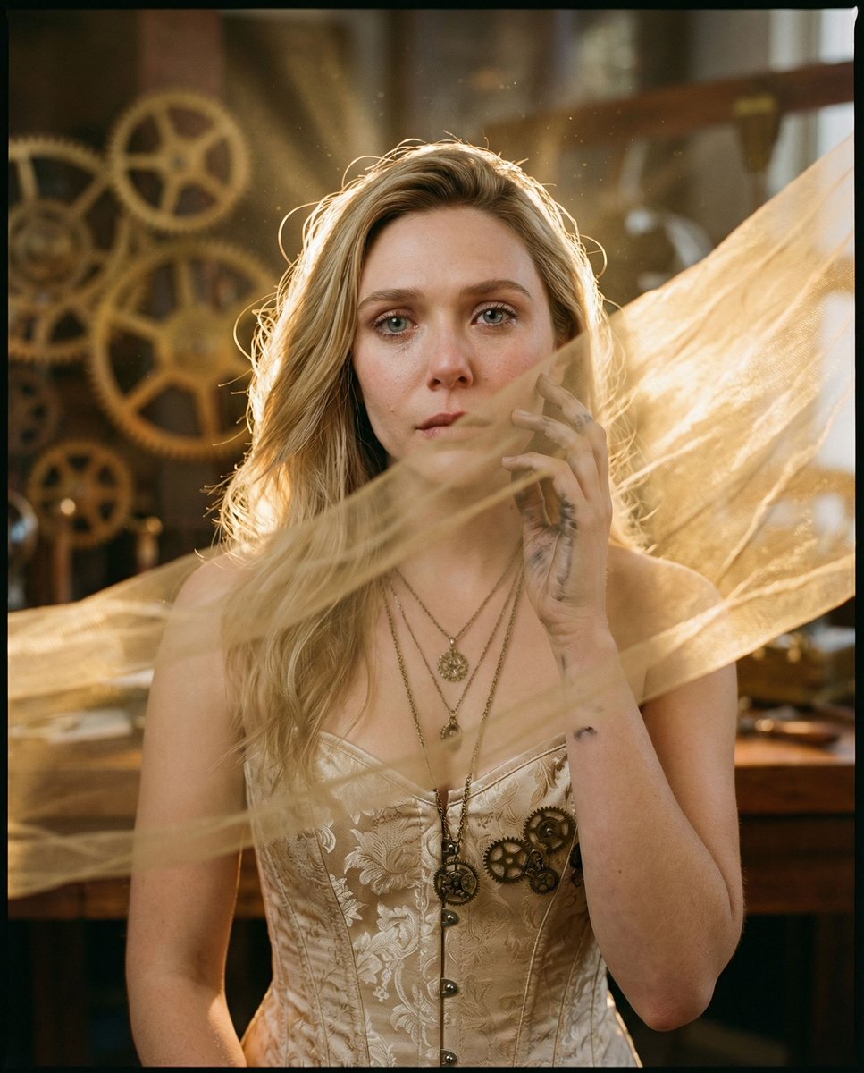 Elizabeth Olsen: Golden Sorrow of Time Editorial Portrait AI image template preview