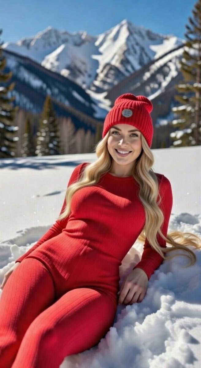 Blonde Woman in Red Bodysuit in Snow AI image template preview