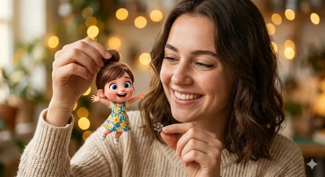 Surreal Portrait: Woman Holding Tiny Cartoon Girl AI image template preview