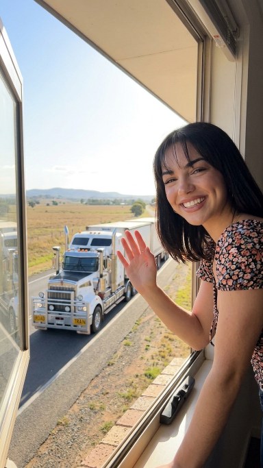 Woman Waving at a Semi-Truck on a Rural Highway AI image template preview
